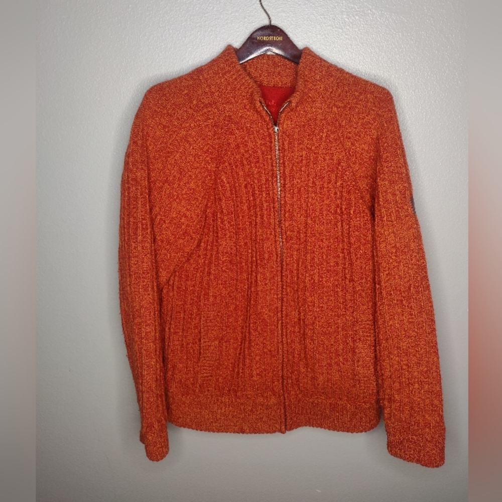 Walbusch Men's  Wool Ribbed Cardigan Sweater 54 Orange Zip Heavy Chunky